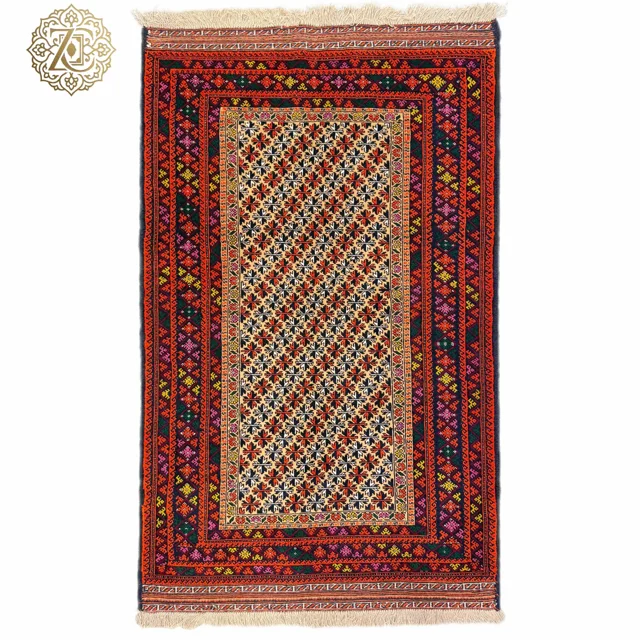 فرش دستبافت2متری تمام پشم نقش برگ‌تاکی بلوچ گلیم‌دار کد020019